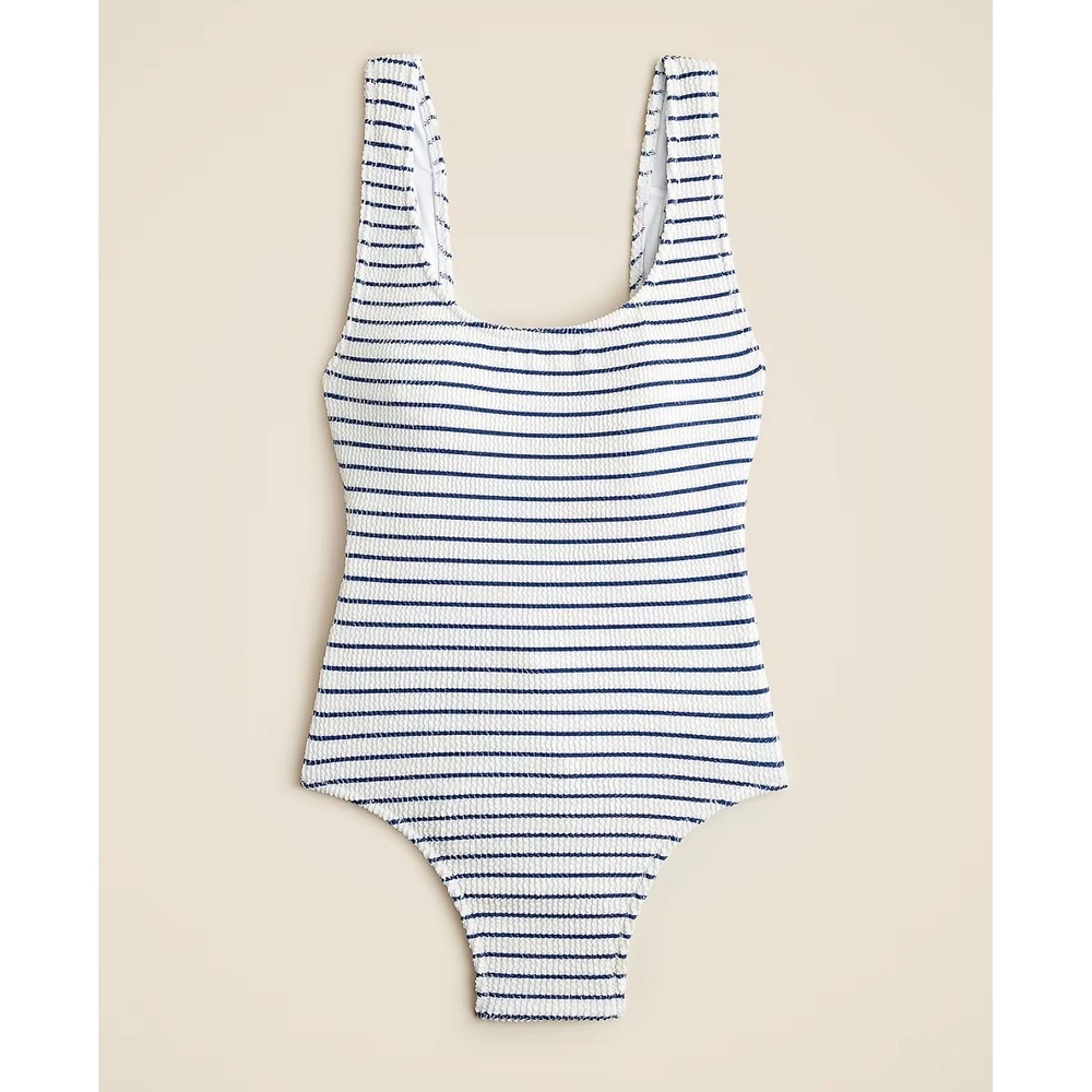 J. Crew Navy White Striped Seersucker One Piece Swimsuit Size 6 Low Back